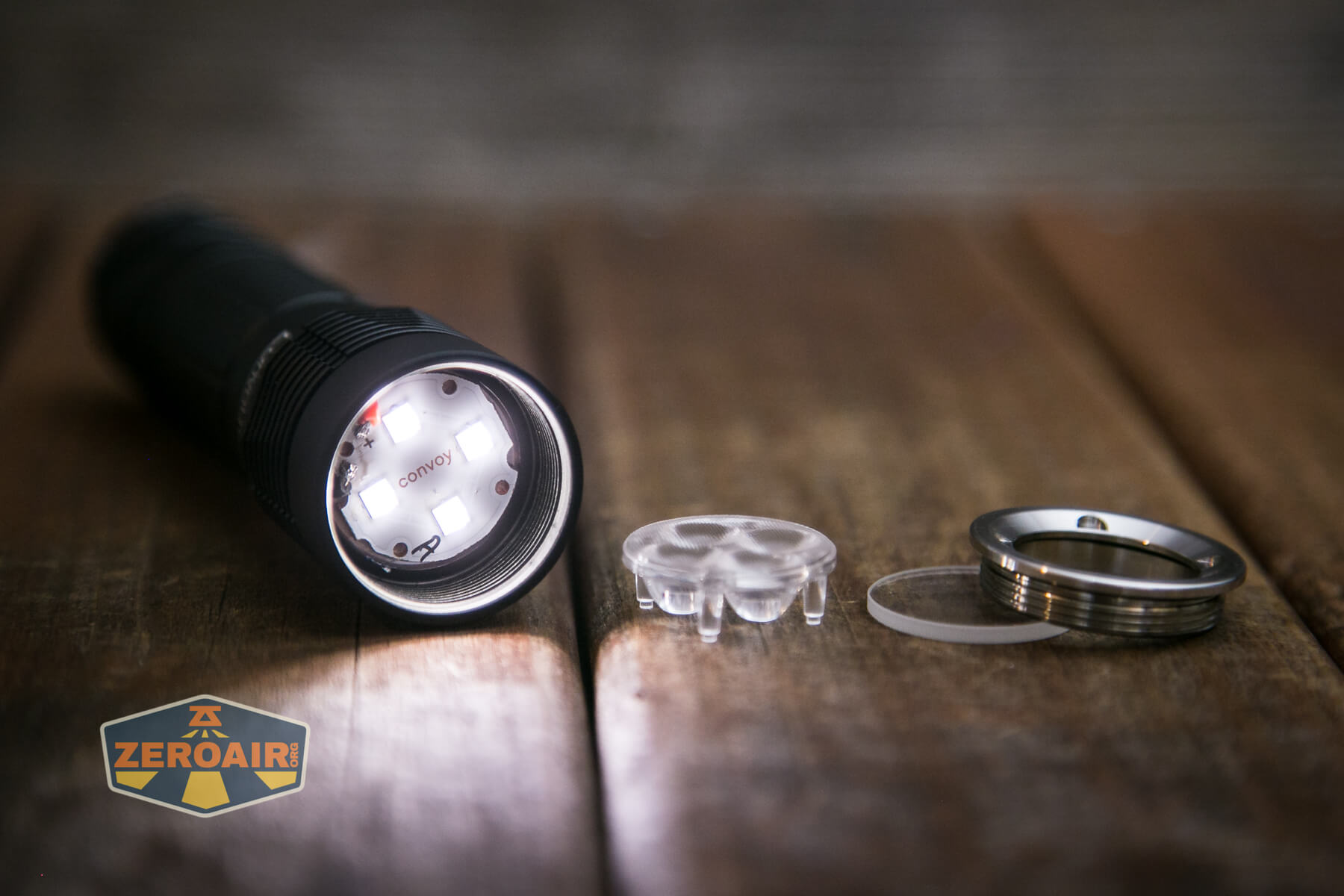 Convoy S21D Nichia 519a Flashlight bezel removed and on