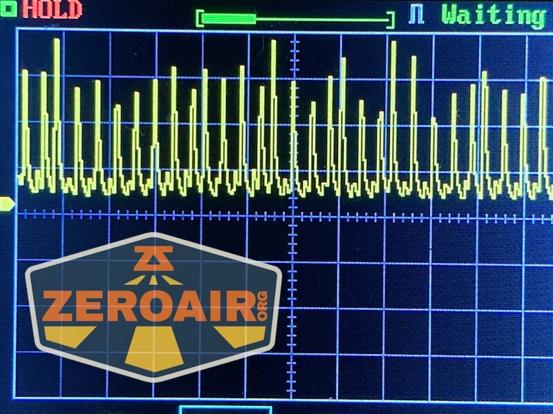 A digital oscilloscope screen displays a yellow waveform with irregular peaks and troughs. The word “HOLD” appears in red, and there is a ZeroAir.org logo covering part of the lower left corner.