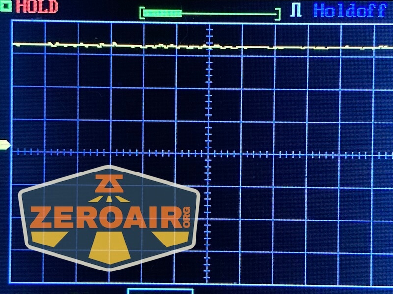 A digital oscilloscope screen shows a mostly flat yellow waveform near the top. The words HOLD, Holdoff, and a large ZEROAIR.ORG logo are visible on the display.