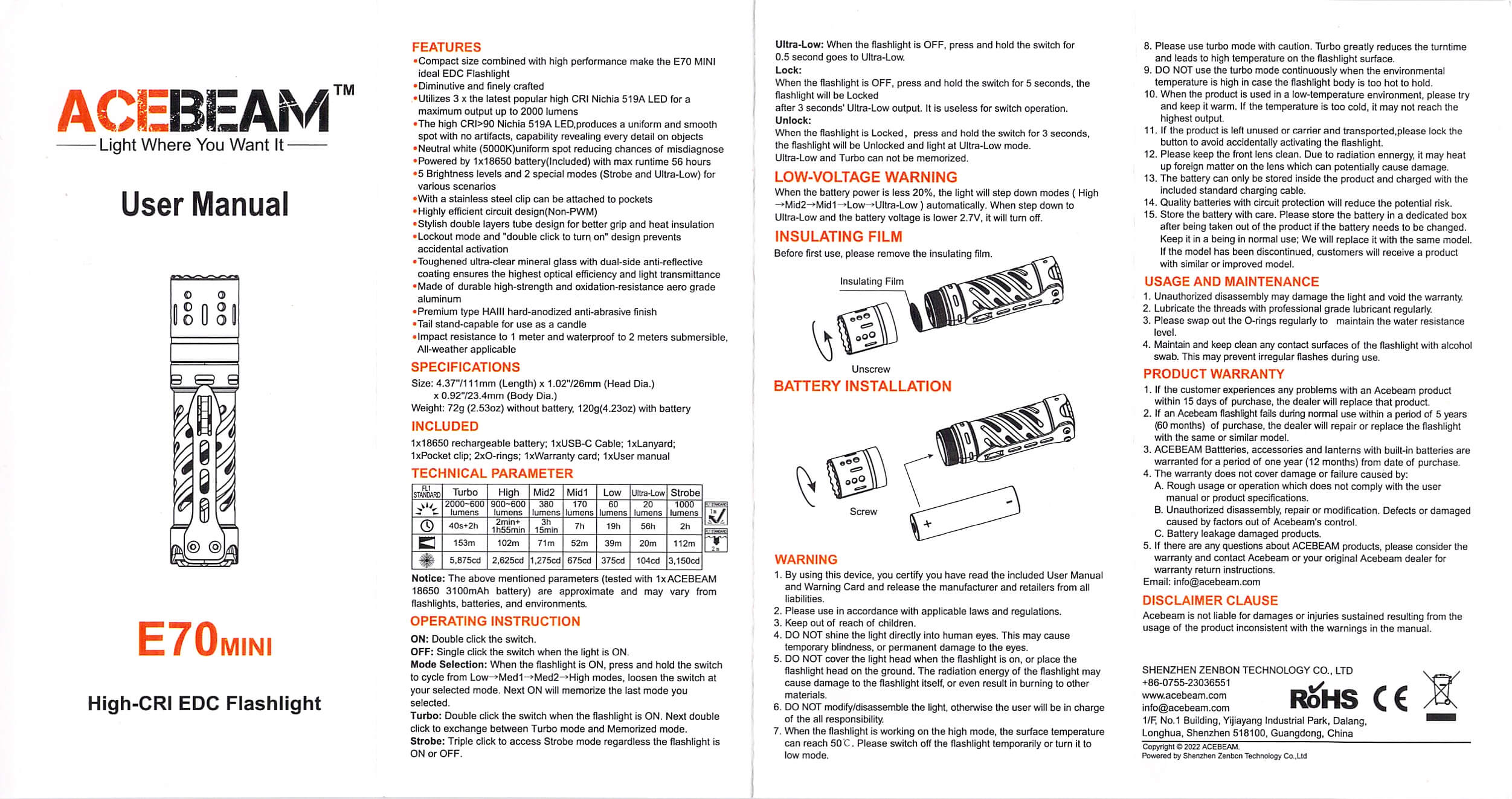 Acebeam E70 Mini flashlight manual