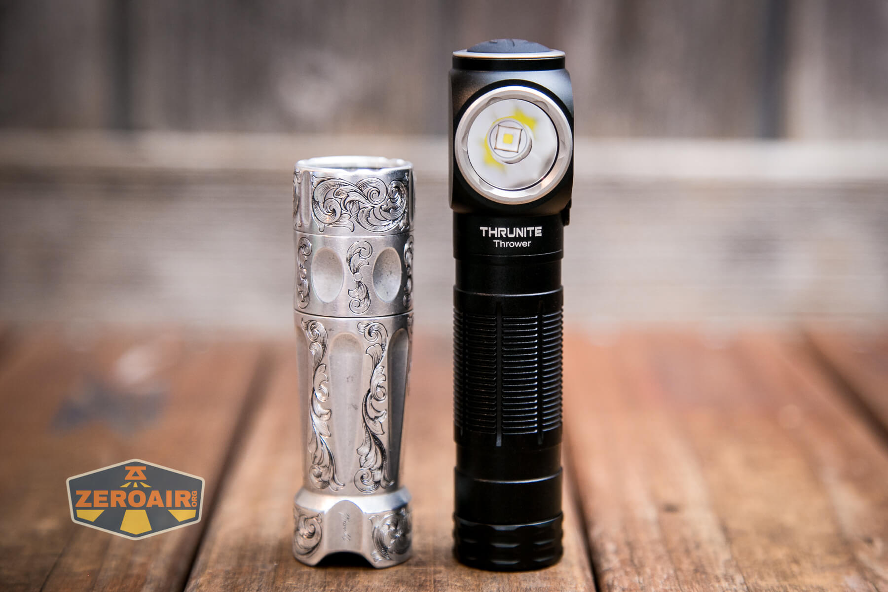 Thrunite Thrower Headlamp beside the TorchLAB BOSS 35 (custom-engraved)
