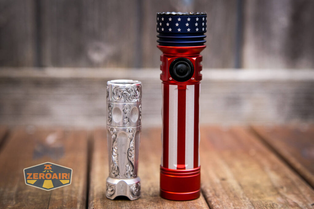 Olight Seeker 3 Pro Flashlight beside the TorchLAB BOSS 35 (custom-engraved) 