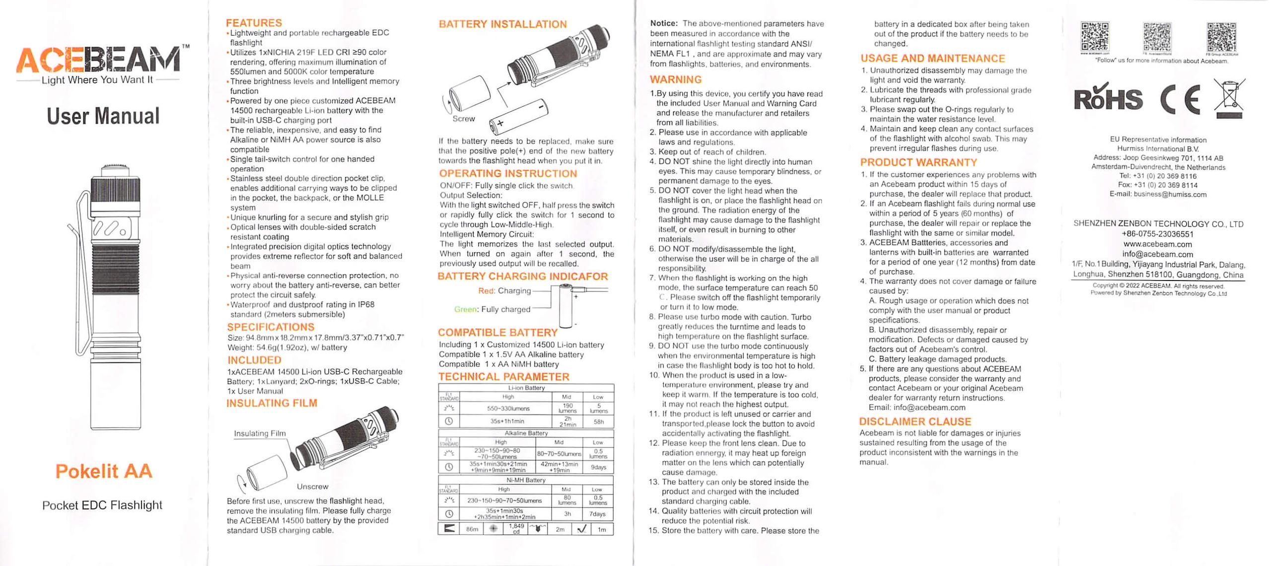Acebeam Pokelit AA flashlight manual
