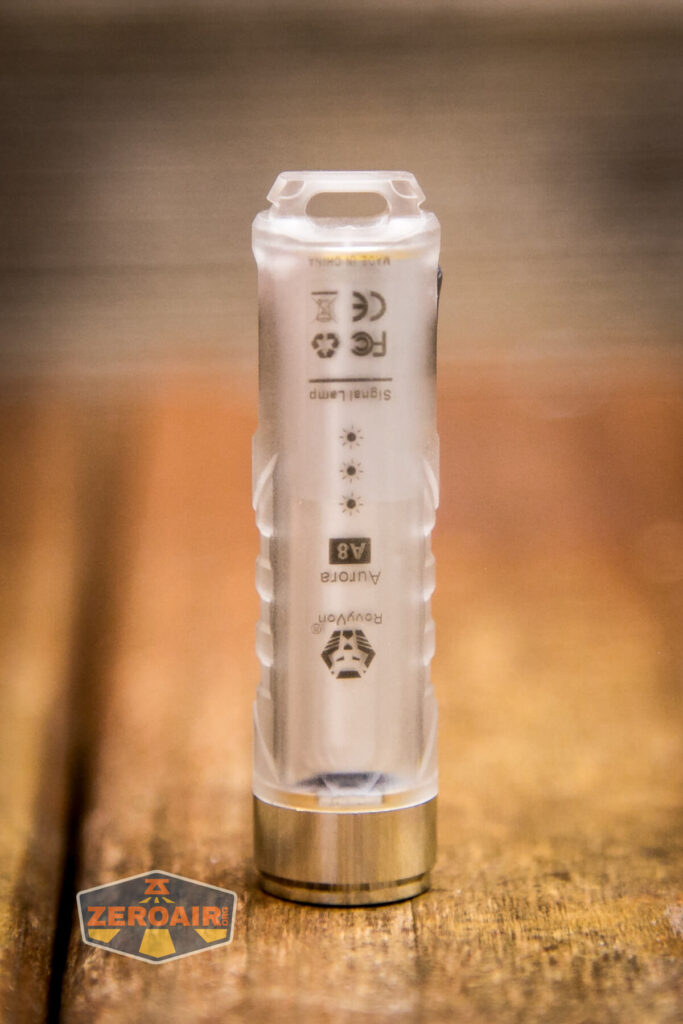 RovyVon A8U keychain flashlight headstanding showing all sides