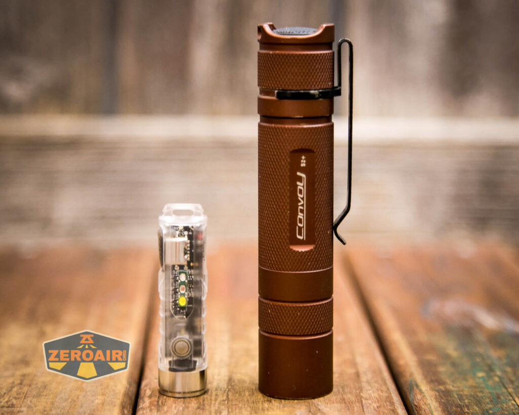 RovyVon A8U keychain flashlight beside the Convoy S2+ flashlight