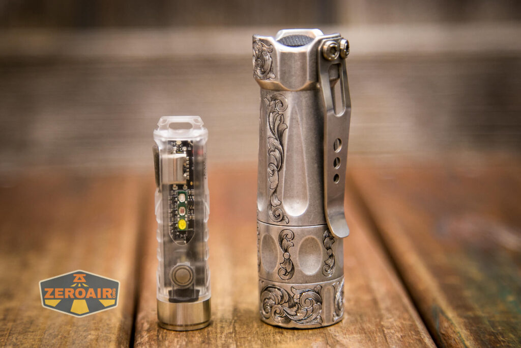 RovyVon Aurora A8 Keychain Flashlight beside the TorchLAB BOSS 35 (custom-engraved) 