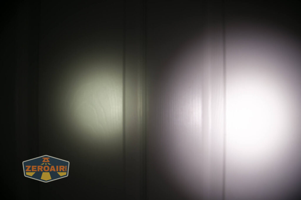 Sofirn SC21 Pro flashlight beamshots on door compared to nichia 219b