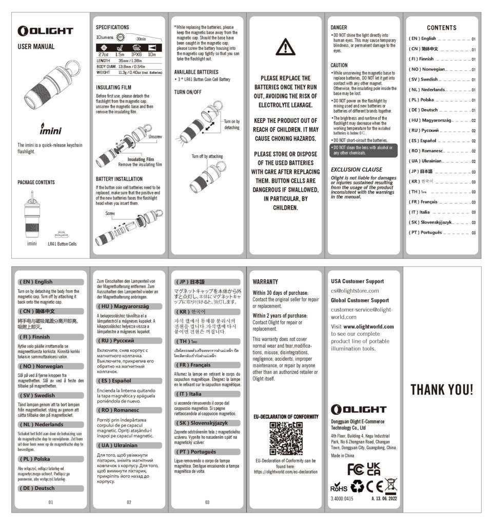 Olight iMini Keychain flashlight manual