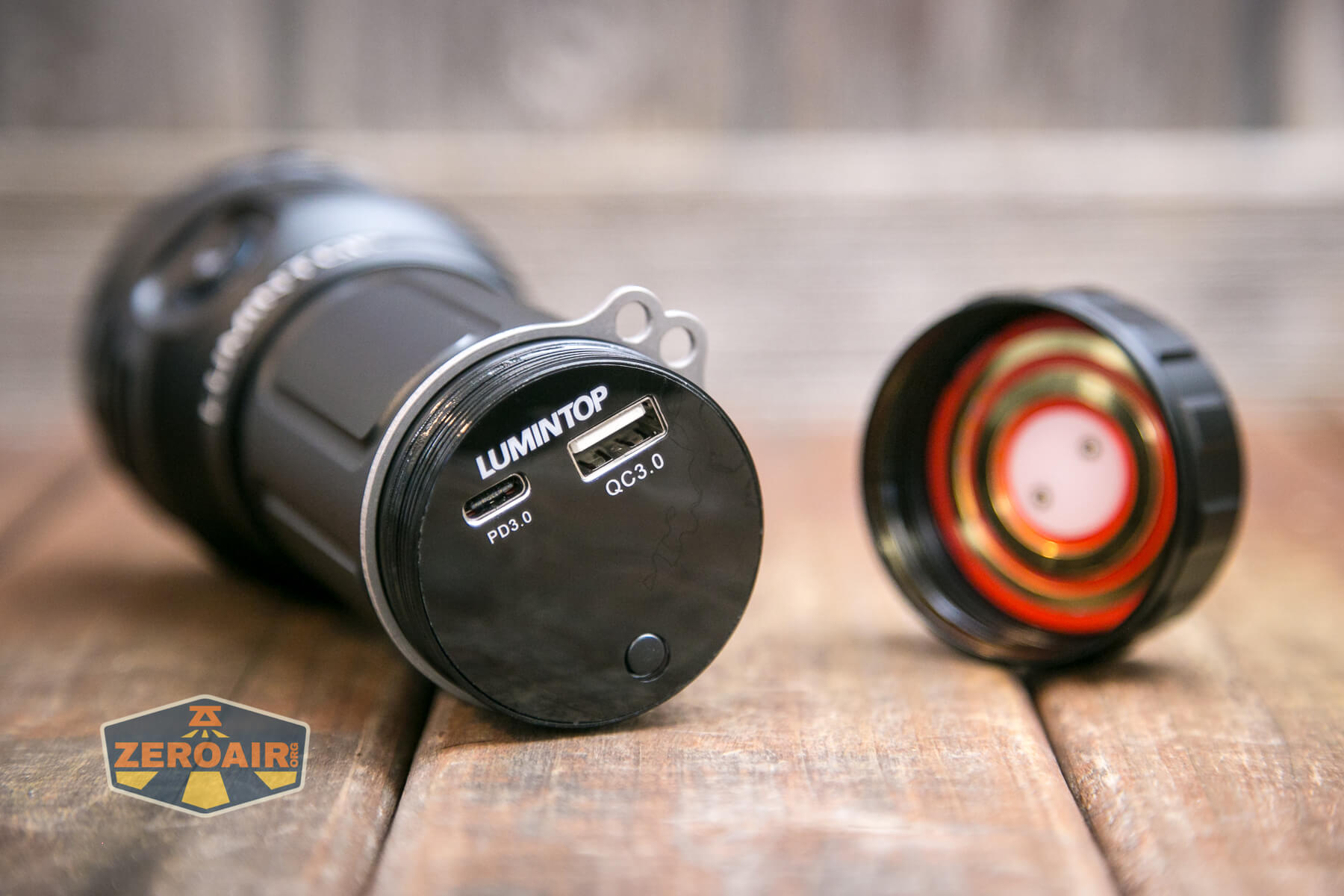 Lumintop Thor Pro LEP and LED flashlight powerbank and charging ports