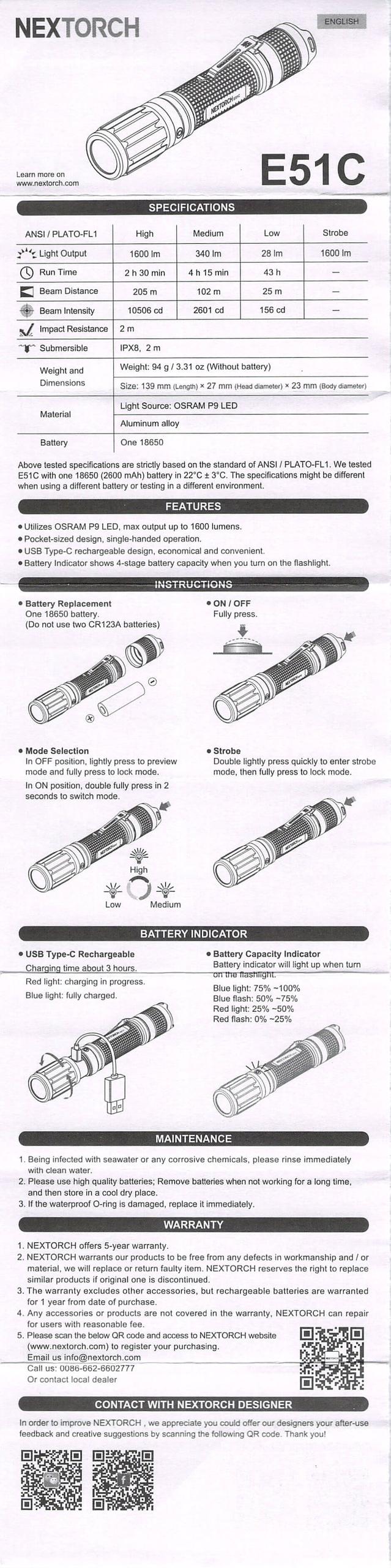 Nextorch E51C rechargeable flashlight manual