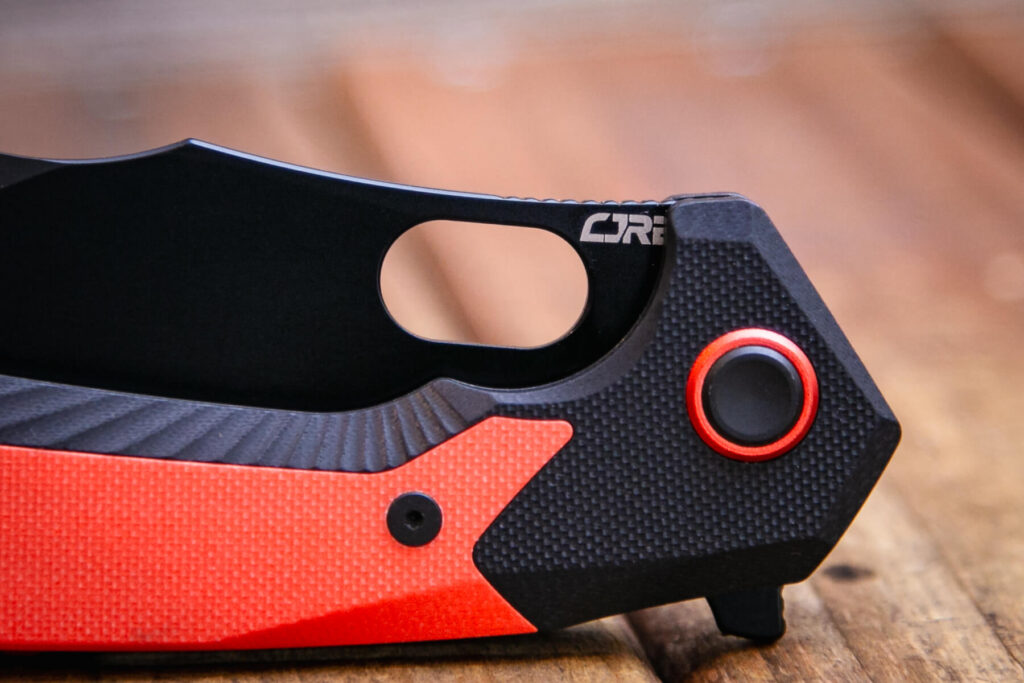 CJRB Caldera G10 knife enlarged spyderco hole