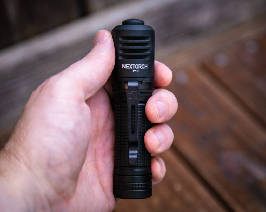 Nextorch P10 right angle flashlight in hand