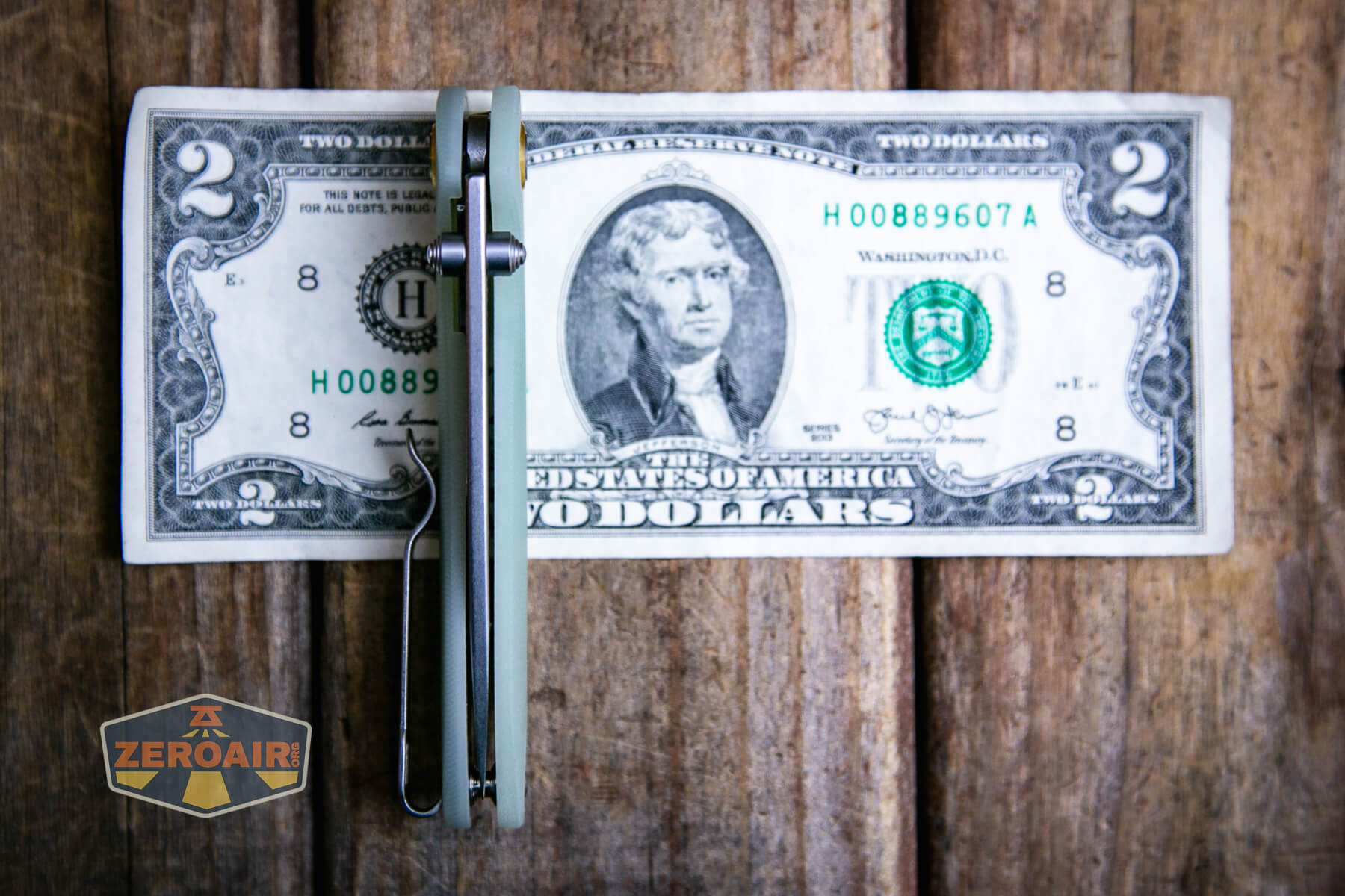 CJRB Feldspar small knife on two dollar bill