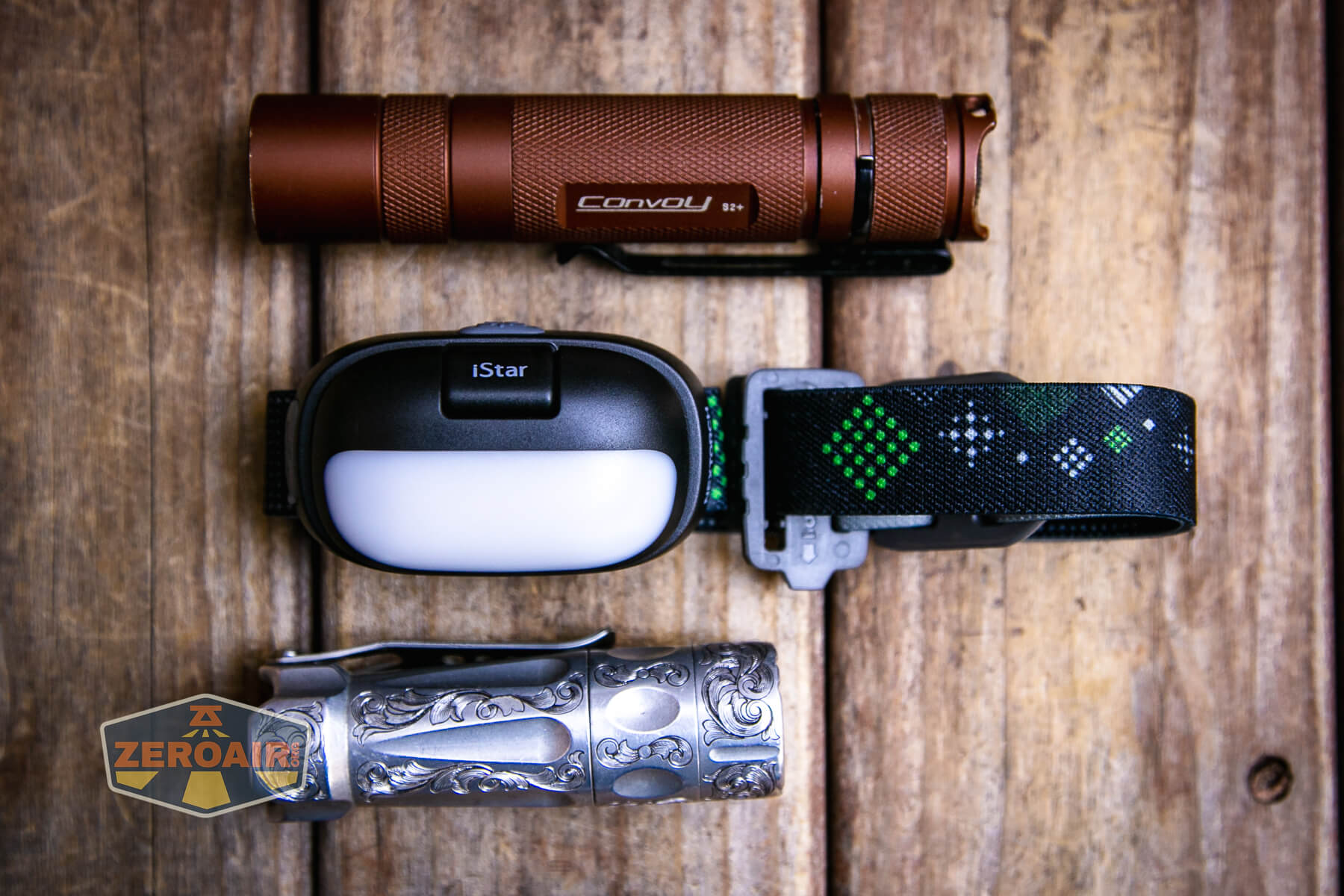 Nextorch iStar headlamp beside standard flashlights
