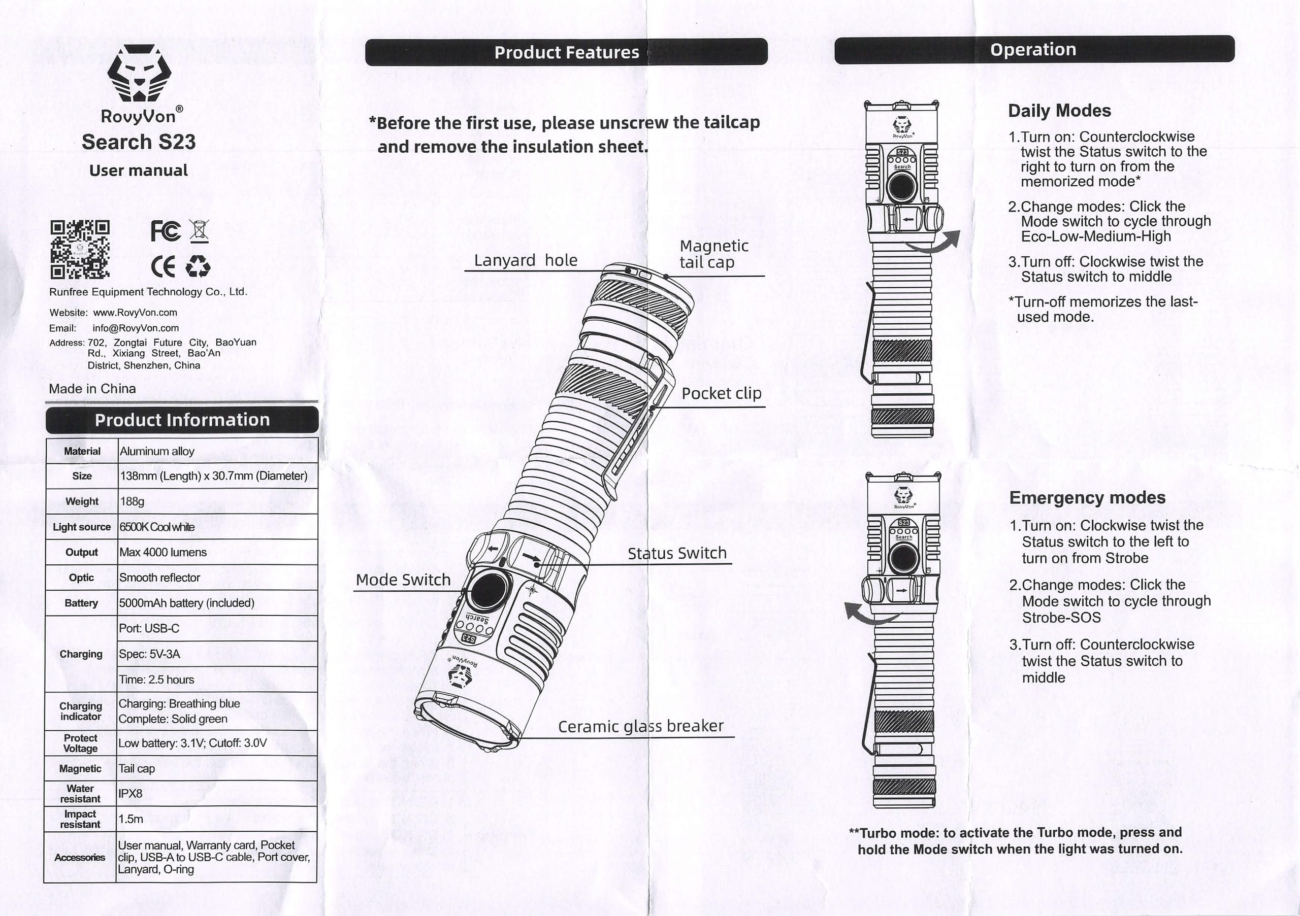 RovyVon Search S23 flashlight manual