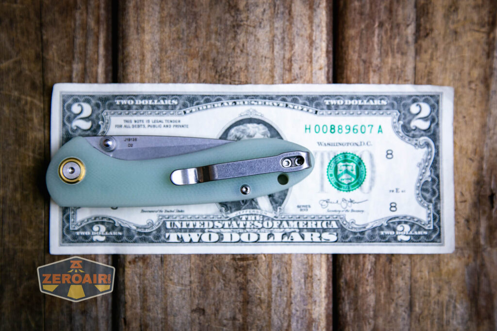 CJRB Feldspar small knife on two dollar bill