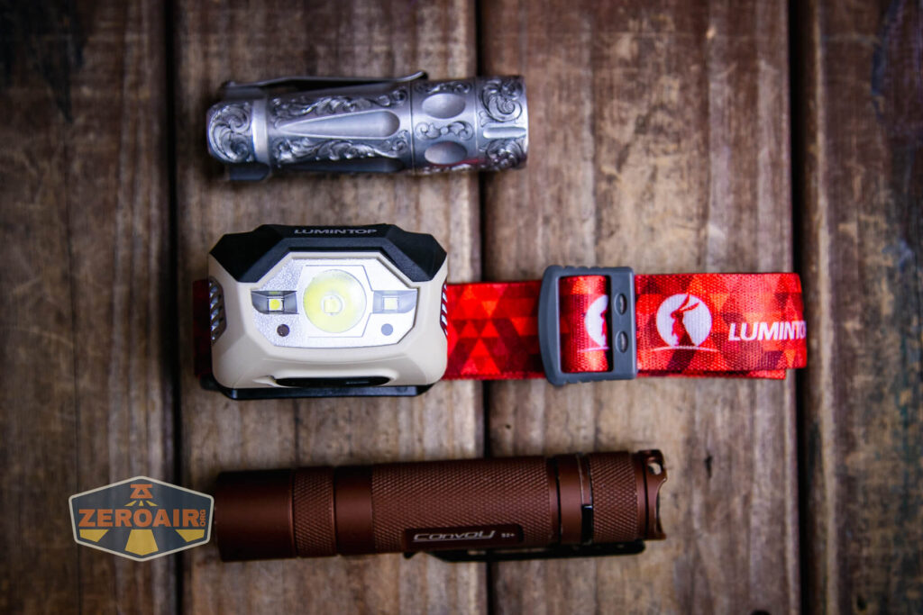 Lumintop BR1 headlamp with other flashlights