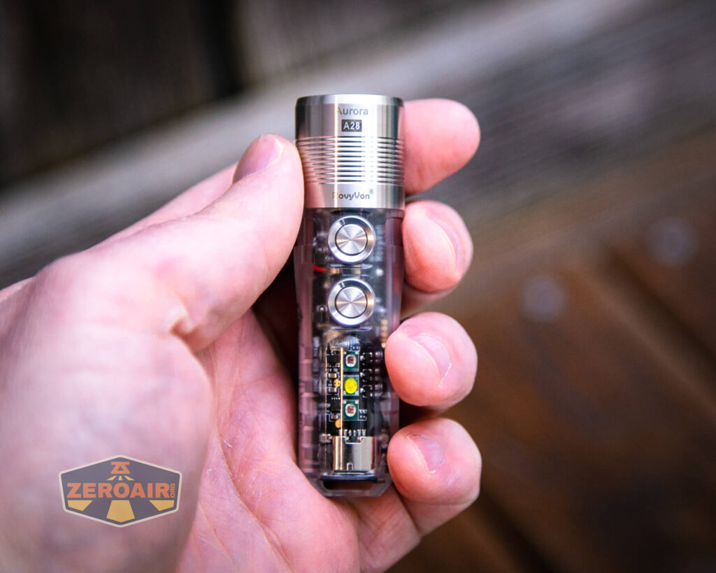 RovyVon A28 keychain flashlight in hand