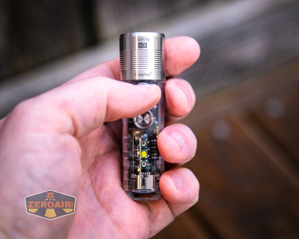 RovyVon A28 keychain flashlight in hand