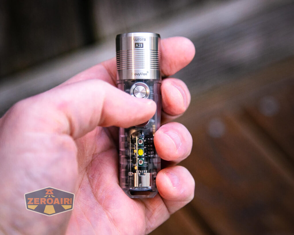 RovyVon A28 keychain flashlight in hand