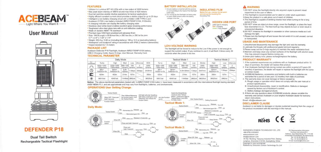 Acebeam Defender P18 tactical flashlight manual