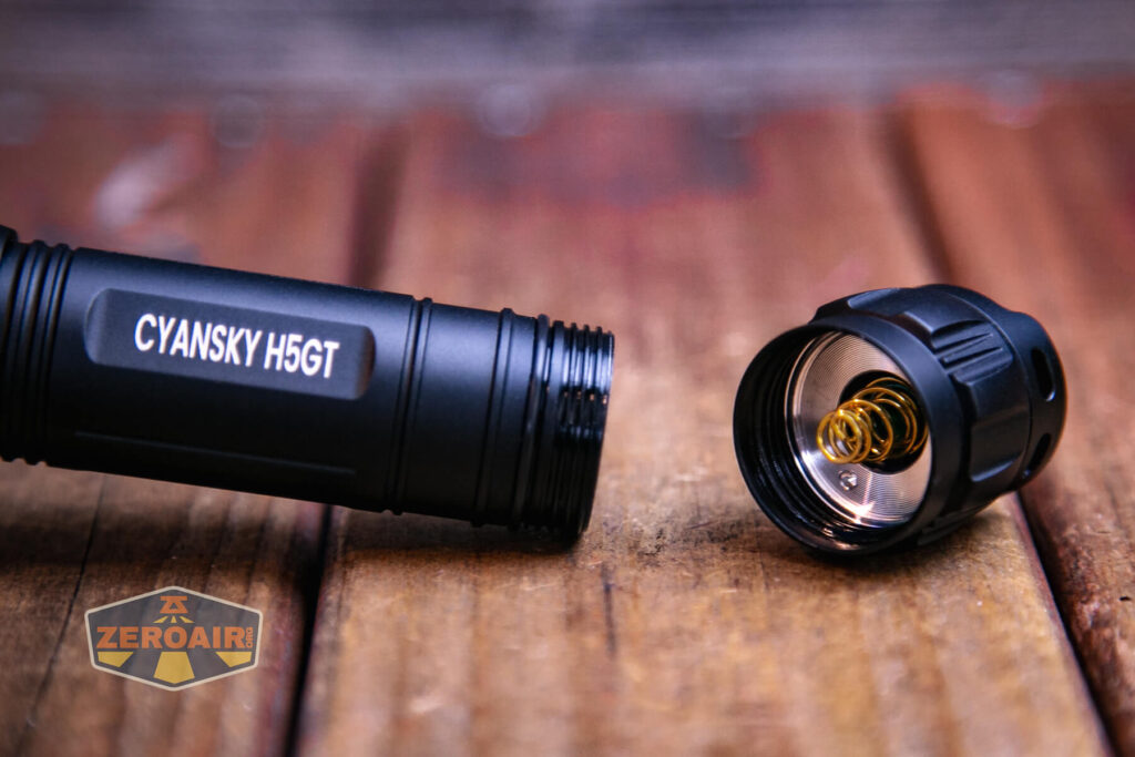 Cyansky H5GT hunting flashlight tailcap threads and spring