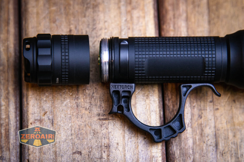 Nextorch TA30C Max One-step Strobe Tactical flashlight with fr-2 with tailcap off