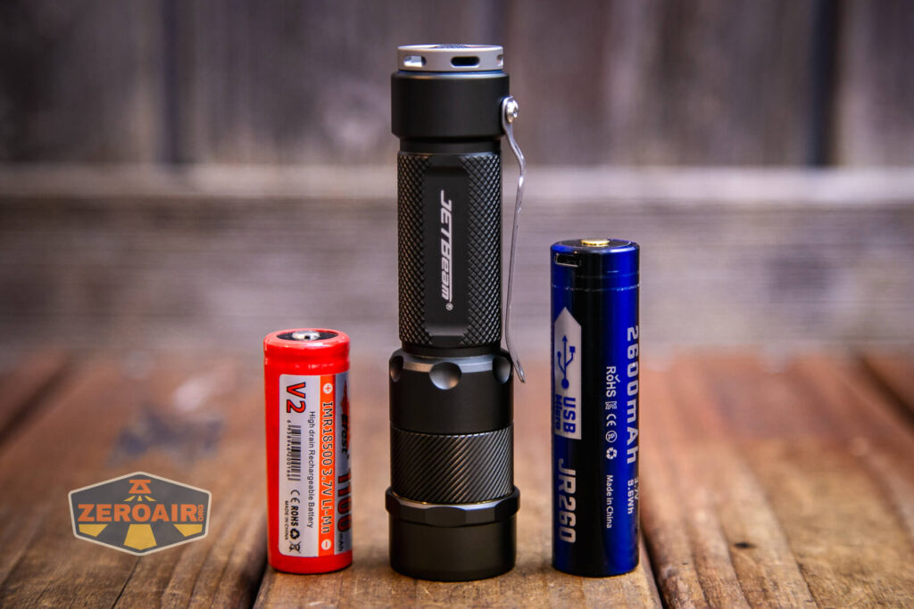 JETBeam Jet 1M Guardian flashlight with both cell sizes