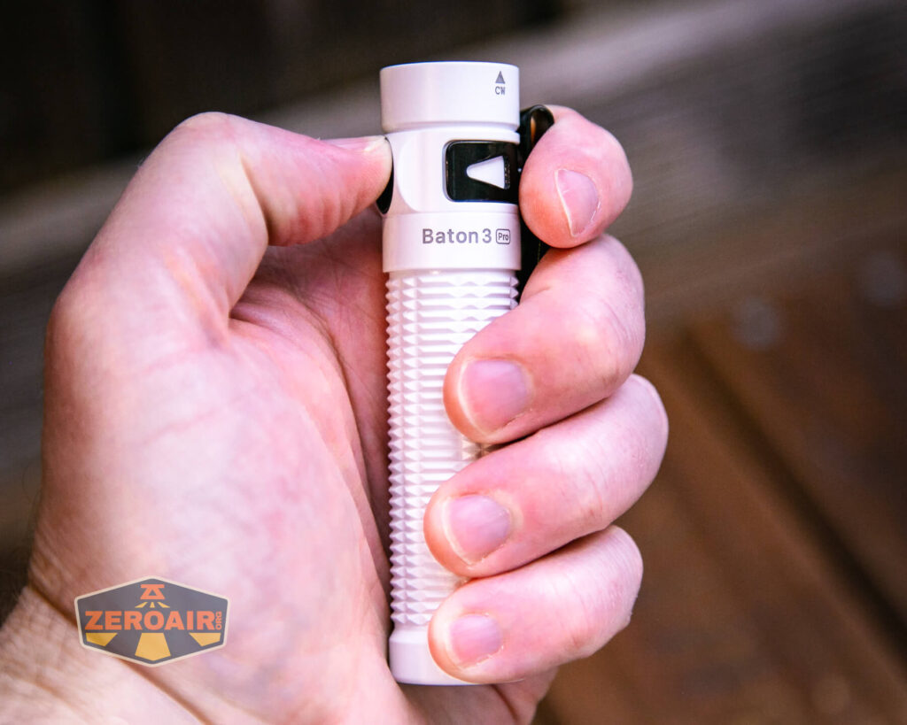 Olight Baton 3 Pro rechargeable flashlight in hand