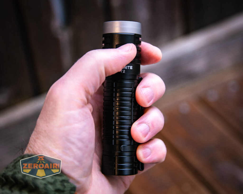 Thrunite T2 rechargeable flashlight in hand