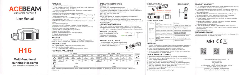 Acebeam H16 fishing headlamp manual