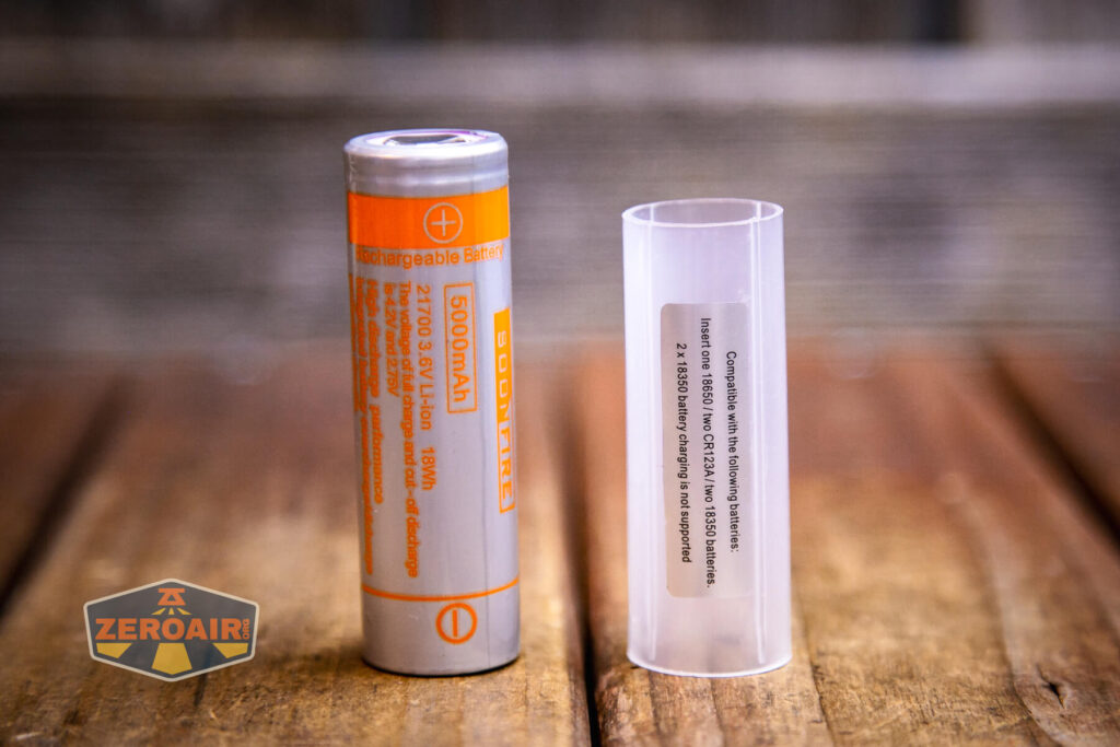 Soonfire MX75 flashlight included 21700 cell and 18650 adapter