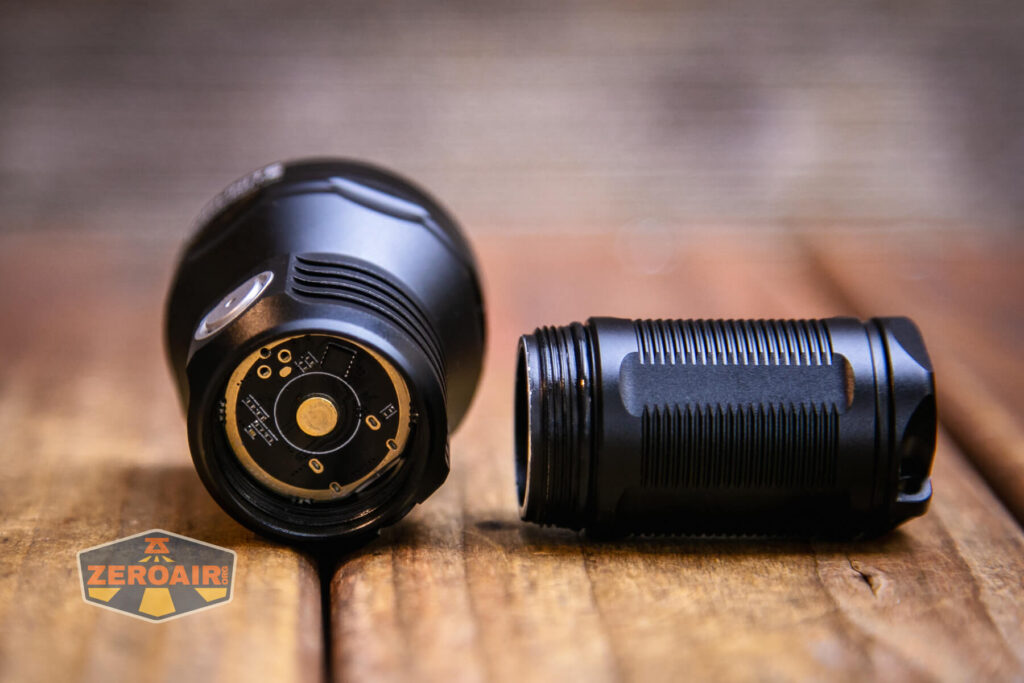 Thrunite Catapult Mini V2 flashlight head threads and contact button