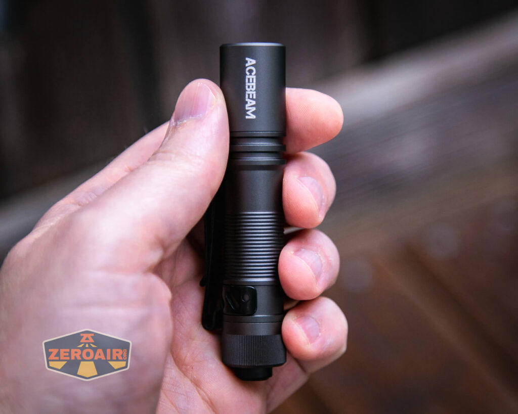 Acebeam Pokelit AA Gray flashlight in hand