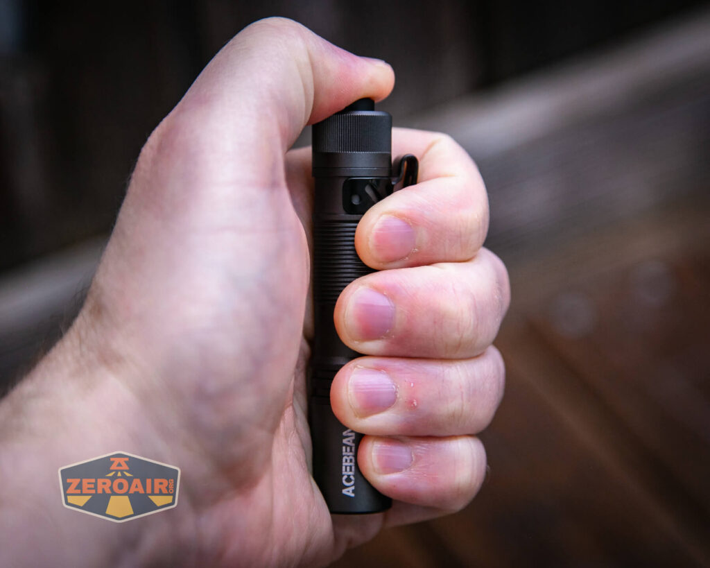 Acebeam Pokelit AA Gray flashlight in hand