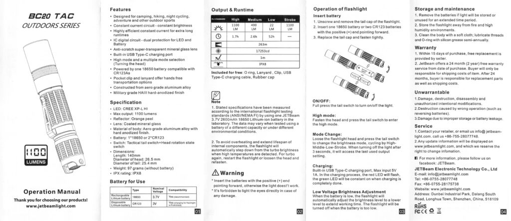 JETBeam BC20 TAC tactical flashlight manual