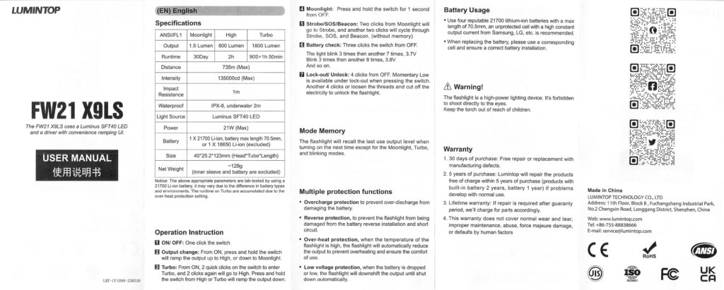 Lumintop FW21 X9LS flashlight manual