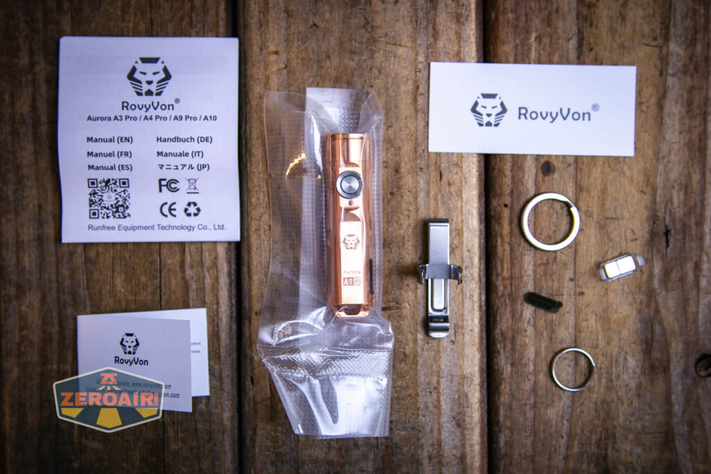 RovyVon Aurora A9 Pro Copper flashlight what's included