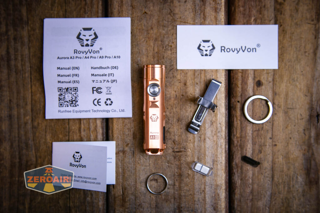 RovyVon Aurora A9 Pro Copper flashlight what's included
