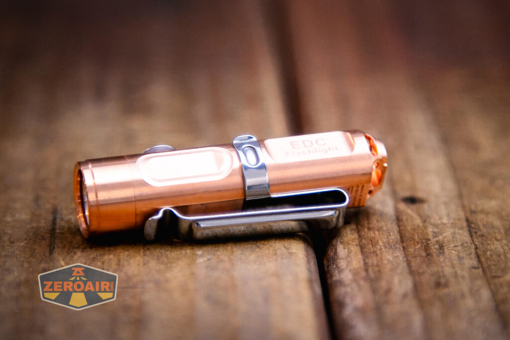 RovyVon Aurora A9 Pro Copper flashlight pocket clip installed