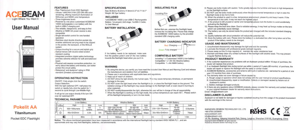 Acebeam Pokelit AA Ti 10th Anniversary flashlight manual