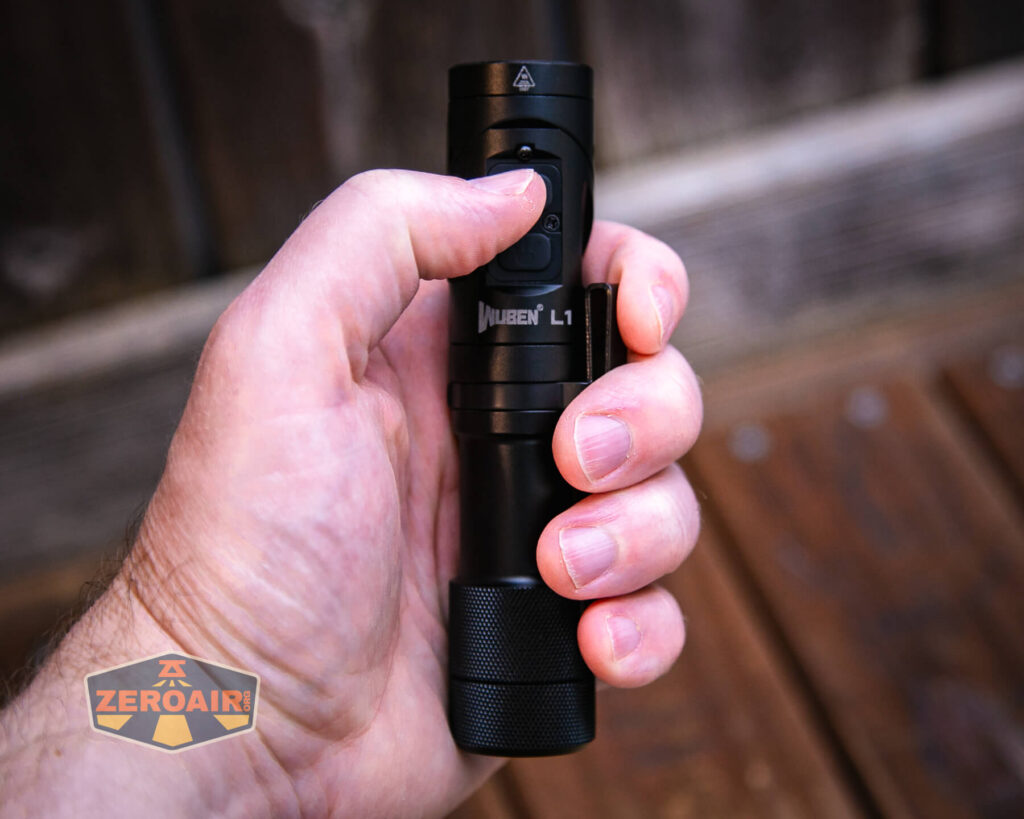 Wuben L1 dual beam flashlight in hand