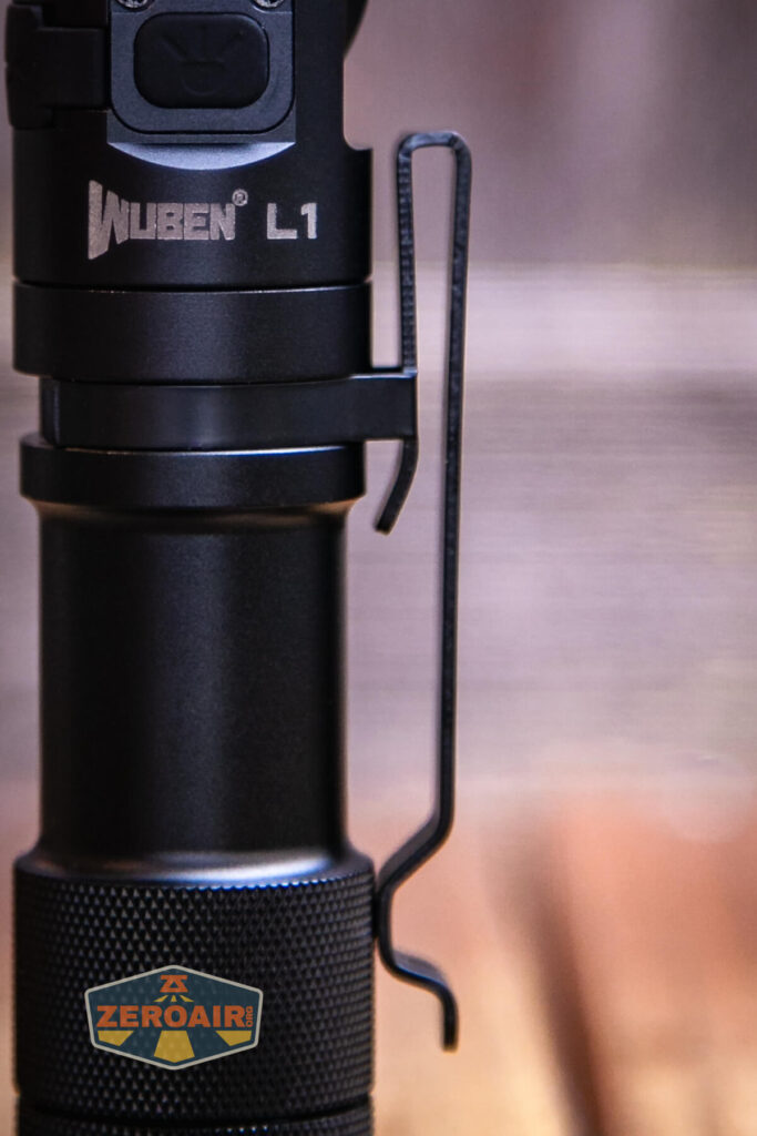 Wuben L1 dual beam flashlight pocket clip detail