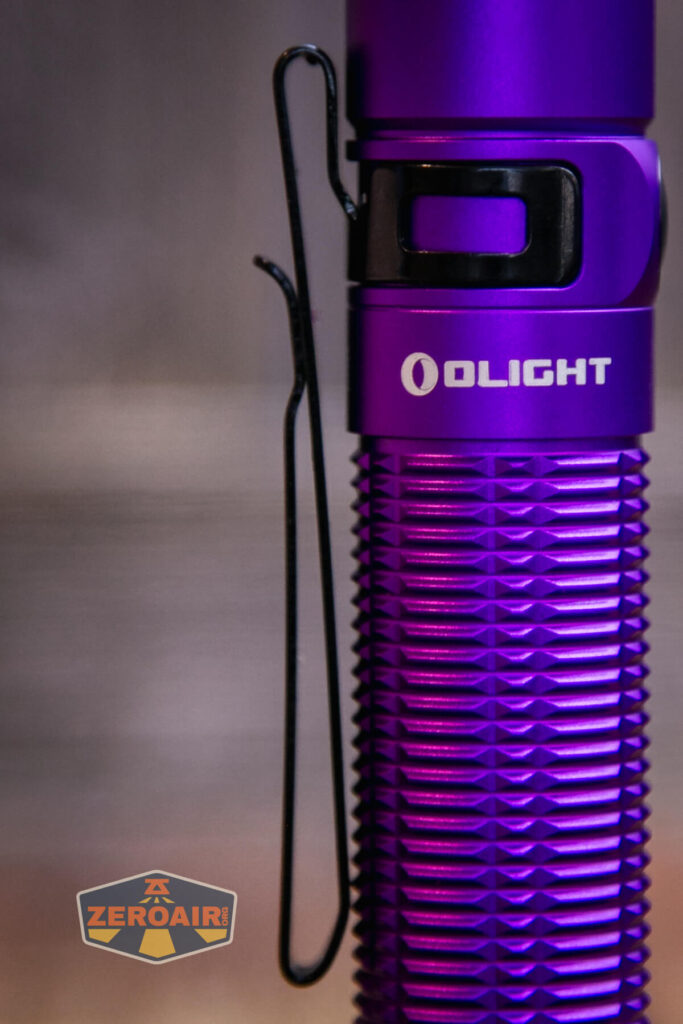 Olight Baton 3 Pro Max purple flashlight pocket clip detail