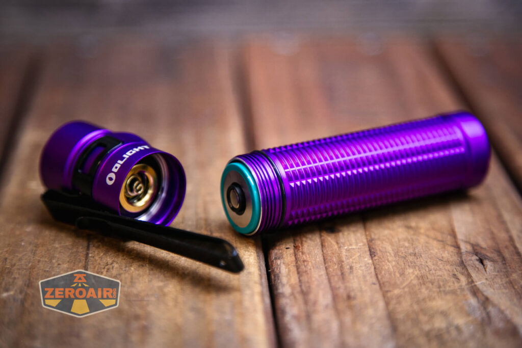 Olight Baton 3 Pro Max purple flashlight with included 21700 cell installed