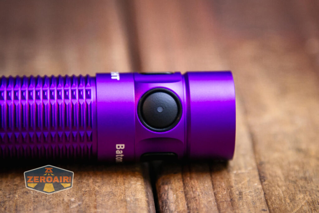 Olight Baton 3 Pro Max purple flashlight indicating e-switch