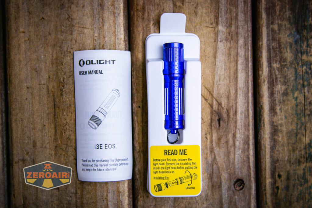 Olight i3E EOS Stellar Blue inside package