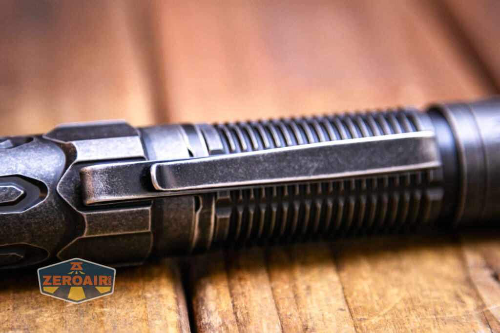 Olight Warrior 3S stonewashed titanium pocket clip detail