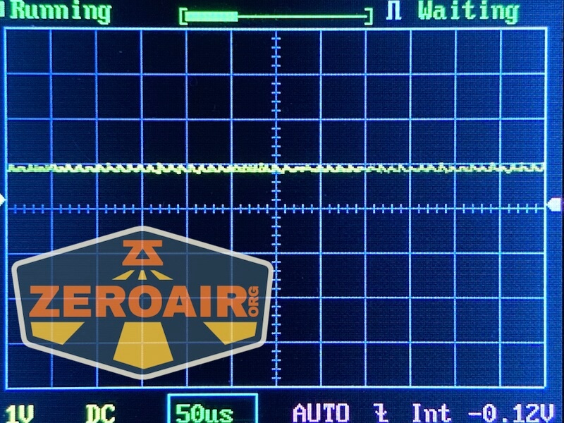 A digital oscilloscope screen displays a mostly flat yellow waveform along the center. The words Running and Waiting appear at the top, and a ZEROAIR logo covers the bottom left corner.