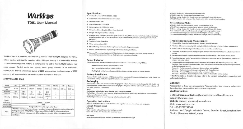 Wurkkos TD01 tactical flashlight manual